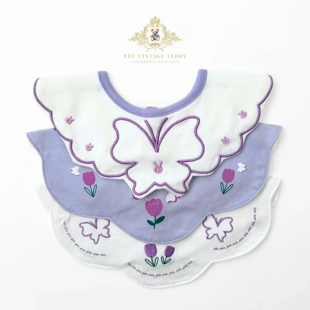 NWT Lovely Boutique Embroidered Girls Baby Bibs Tulips & Butterflies Set of 3